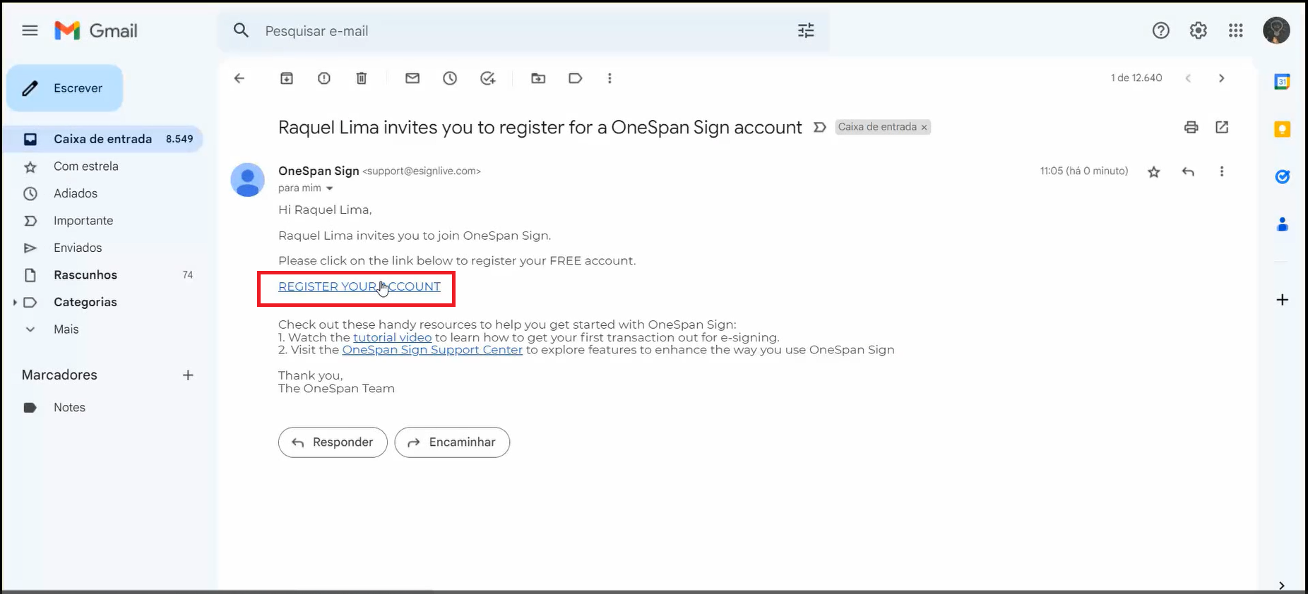 An email invite is sent to the Notary inviting them to register for a OneSpan Sign account. 